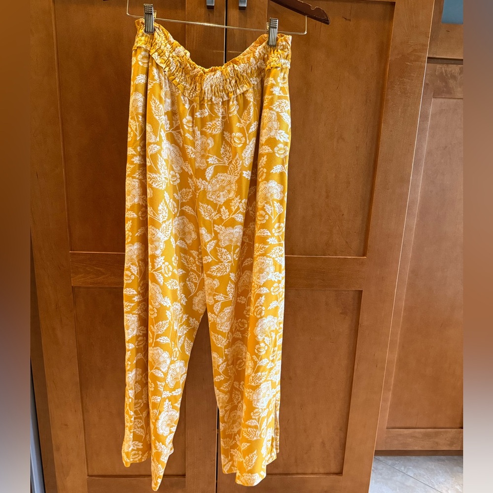 Anthropologie Yellow Floral Wide Leg Pants L | Elastic Waist Boho